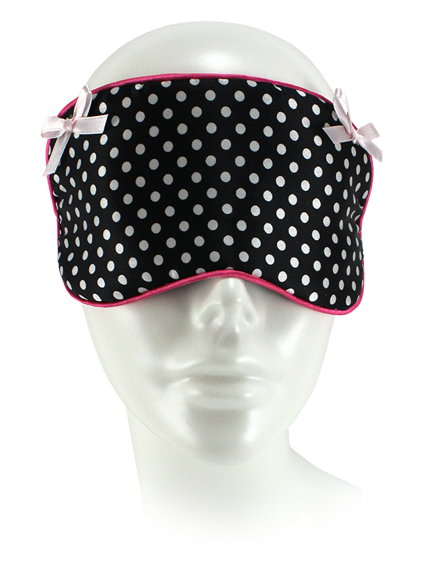 Small Polka Dot Sleep Mask. Black w/White Dots & Pink Trim