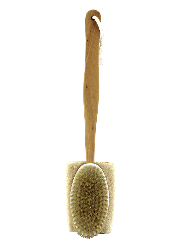 Double Sided Wooden Bath Brush 1 Side Natural Bristle 1 Side Loofah.