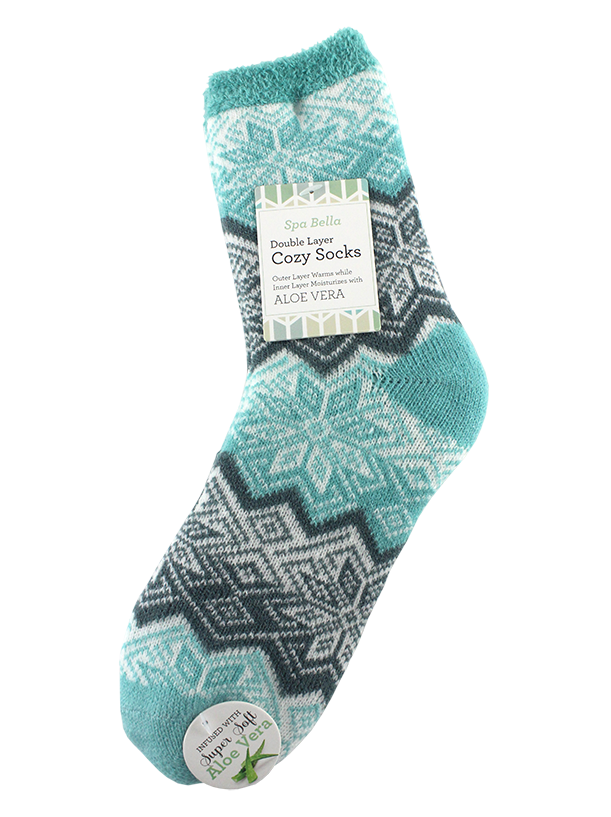 DOUBLE LAYERED COZY SOCKS ALOE INFUSED, SNOWFLAKE AND STRIPES